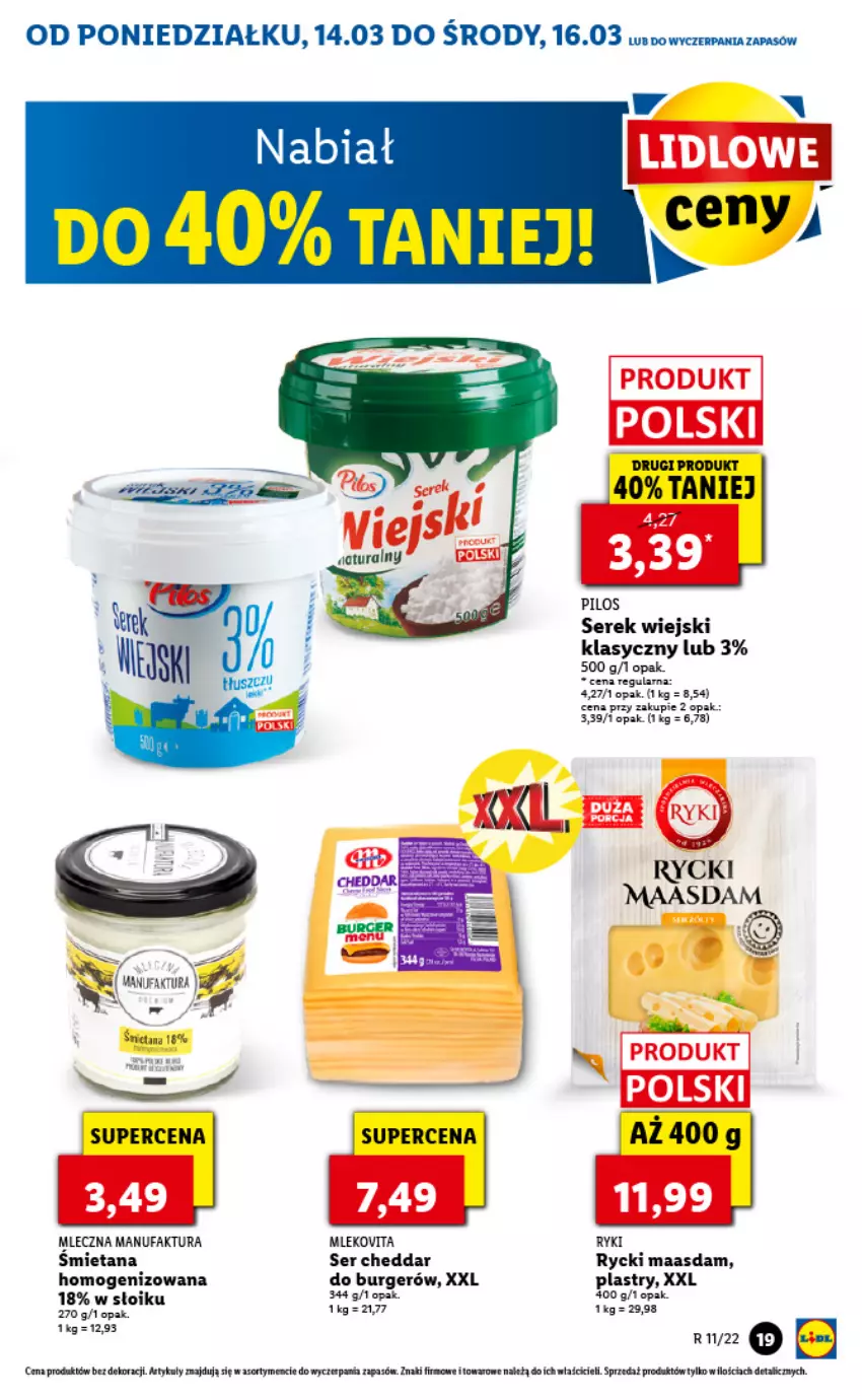 Gazetka promocyjna Lidl - GAZETKA - ważna 14.03 do 16.03.2022 - strona 19 - produkty: Burger, Cheddar, Fa, Maasdam, Mleko, Pilos, Ser