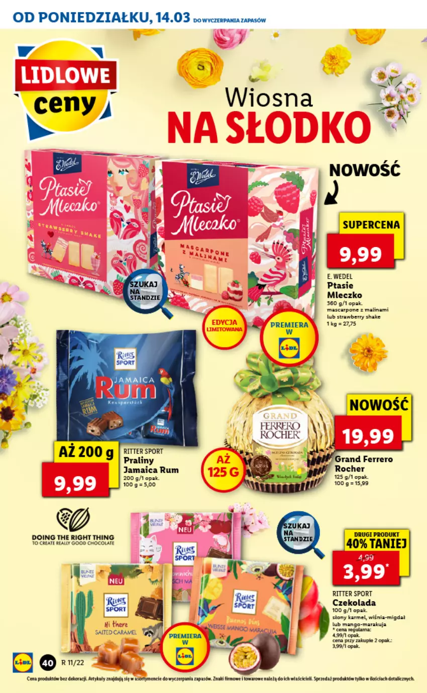 Gazetka promocyjna Lidl - GAZETKA - ważna 14.03 do 16.03.2022 - strona 40 - produkty: Czekolada, E. Wedel, Fa, Ferrero, Gra, Mleczko, Por, Praliny, Ritter Sport, Rum, Sport