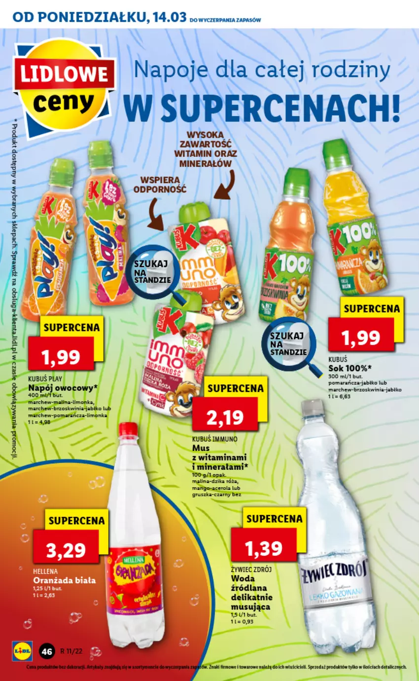 Gazetka promocyjna Lidl - GAZETKA - ważna 14.03 do 16.03.2022 - strona 46 - produkty: Acer, Hellena, Kubuś, LANA, Mus, Napój, Oranżada, Orka, Por, Sok, Woda