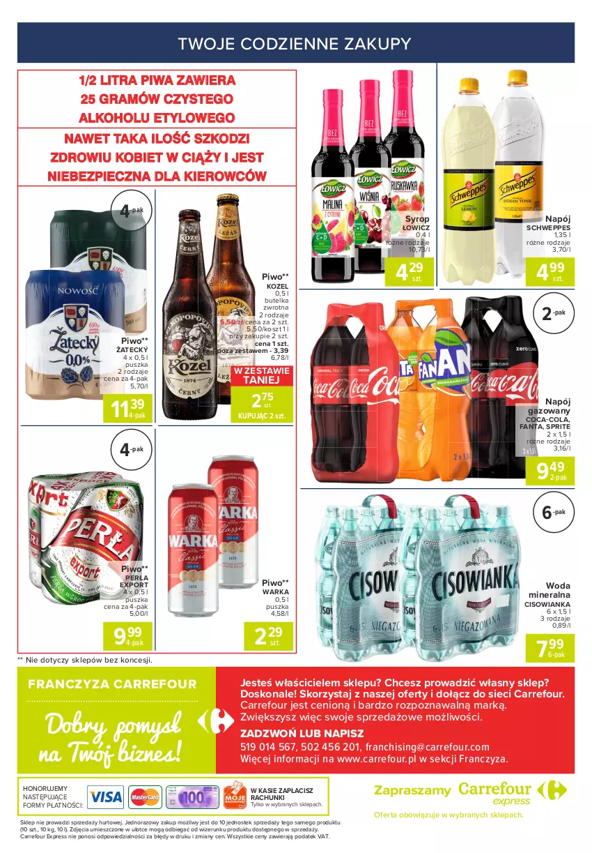 Gazetka promocyjna Carrefour - Gazetka Express - ważna 24.05 do 31.05.2021 - strona 6 - produkty: Cisowianka, Coca-Cola, Fa, Fanta, Gra, Kosz, Kozel, Napój, Napój gazowany, Perła, Piec, Piwa, Piwo, Por, Schweppes, Sprite, Stek, Syrop, Warka, Woda, Woda mineralna