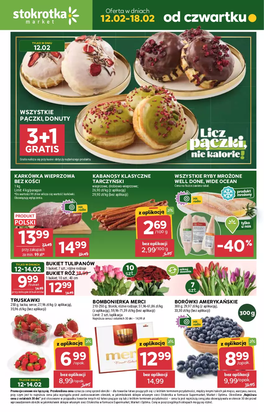 Gazetka promocyjna Stokrotka - Market - ważna 12.02 do 18.02.2026 - strona 1 - produkty: Bukiet, Donut, Gra, Kabanos, Karkówka wieprzowa, Merci, Mięso, Nuty, Optima, Owoce, Ser, Tarczyński, Truskawki, Tulipan, Warzywa