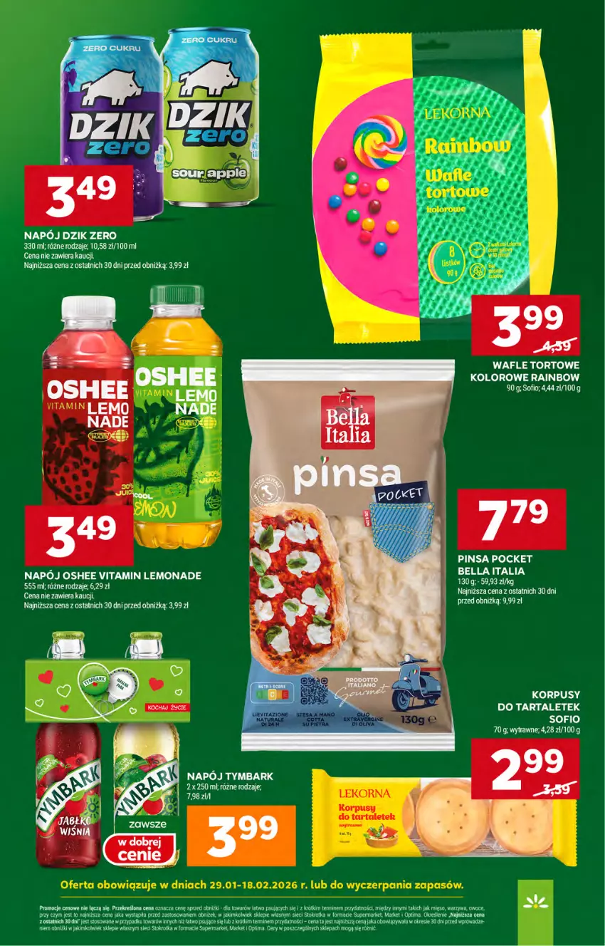 Gazetka promocyjna Stokrotka - Market - ważna 12.02 do 18.02.2026 - strona 21 - produkty: Bell, Bella, Korpusy, Mięso, Napój, Optima, Oshee, Owoce, Tarta, Tymbark, Wafle, Wafle tortowe, Warzywa