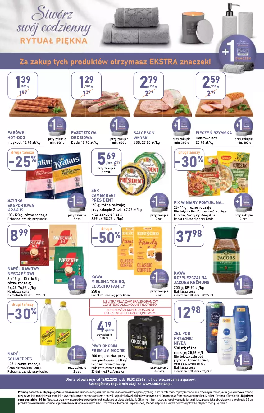 Gazetka promocyjna Stokrotka - Market - ważna 12.02 do 18.02.2026 - strona 24 - produkty: Avocado, Camembert, Duda, Fa, Gra, Jacobs, Jacobs Krönung, Kawa, Kawa mielona, Kawa rozpuszczalna, Koc, Krakus, Kurczak, Mięso, Napój, Nescafé, Nivea, Okocim, Optima, Owoce, Parówki, Pasztet, Piec, Pieczeń rzymska, Piwa, Piwo, Por, Président, Salceson, Schweppes, Ser, Sport, Szynka, Tchibo, Warzywa, Winiary