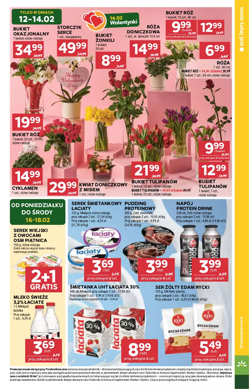 Gazetka promocyjna Stokrotka - Market - ważna 12.02 do 18.02.2026 - strona 7 - produkty: Bukiet, Cyklamen, Edam, Gra, Mięso, Mleko, Napój, Optima, Owoce, Piątnica, Pudding, Róża, Ser, Serek, Serek wiejski, Storczyk, Tulipan, Warzywa, Zott
