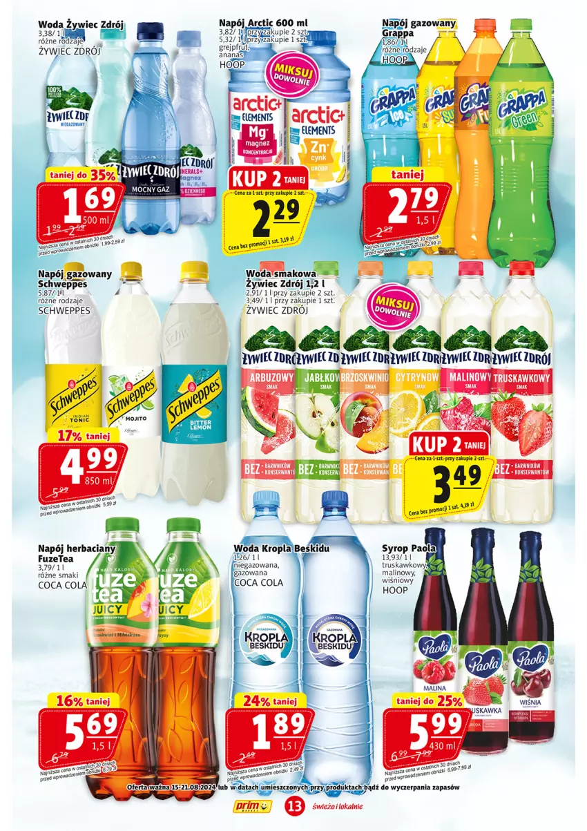 Gazetka promocyjna Prim Market - ważna 15.08 do 21.08.2024 - strona 13 - produkty: Gra, Grappa, Hoop, Napój, Napój gazowany, Paola, Schweppes, Syrop, Woda