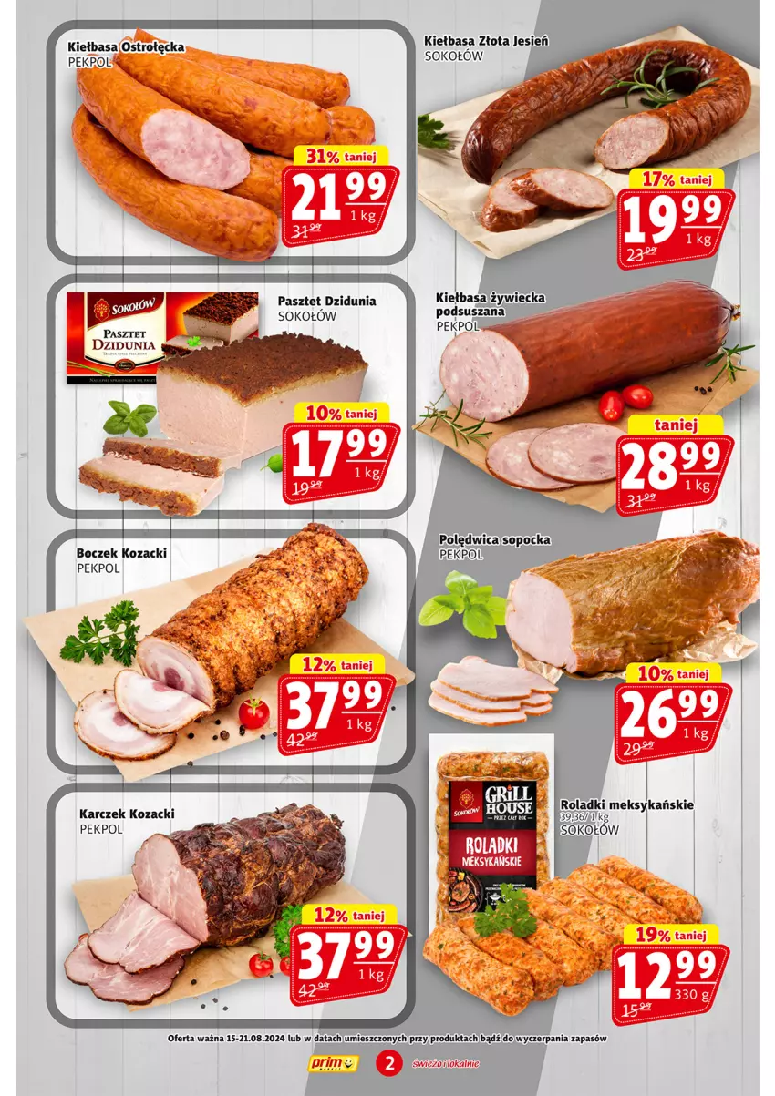 Gazetka promocyjna Prim Market - ważna 15.08 do 21.08.2024 - strona 2 - produkty: Boczek, Kiełbasa, Pasztet, Pekpol, Sok, Sokołów