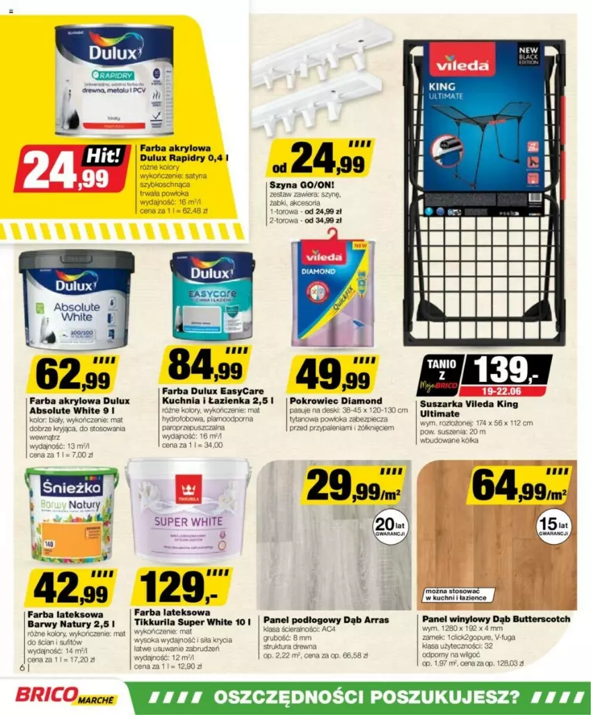 Gazetka promocyjna Bricomarche - ważna 19.06 do 30.06.2024 - strona 6 - produkty: Absolut, Dulux, Fa, Farba akrylowa, Farba lateksowa, K2, Kuchnia, Panel podłogowy, Piec, Pokrowiec, Por, Pur, Sok, Suszarka, Szyna, Tytan, Vileda