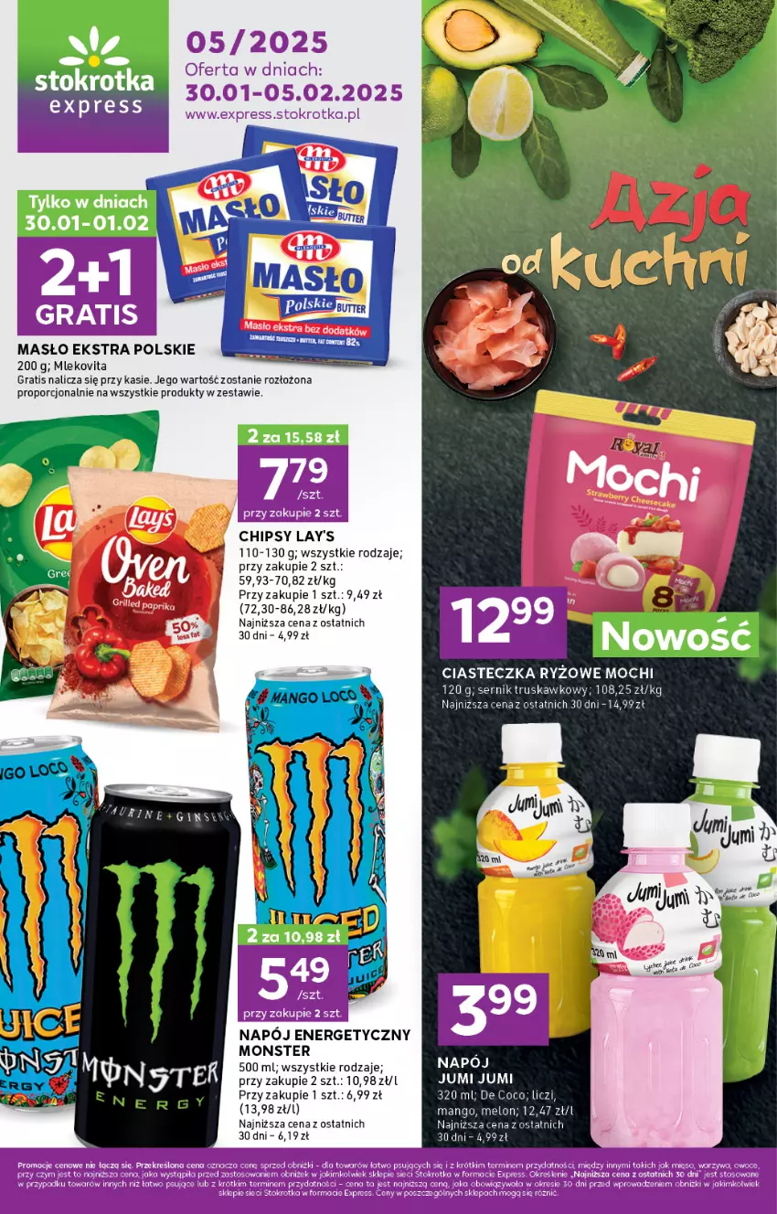 Gazetka promocyjna Stokrotka - Stokrotka Express - ważna 30.01 do 05.02.2025 - strona 1 - produkty: Chipsy, Gra, Liczi, Mango, Masło, Melon, Mleko, Napój, Napój energetyczny, Owoce, Por, Ryż, Ser, Warzywa