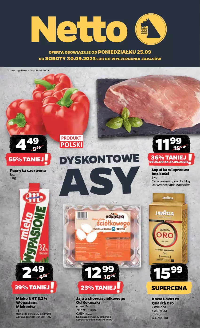 Gazetka promocyjna Netto - Artykuły spożywcze - ważna 25.09 do 01.10.2023 - strona 1 - produkty: Jaja, Kawa, Kokos, Kosz, Lavazza, Mleko, Mlekovita, Papryka, Papryka czerwona