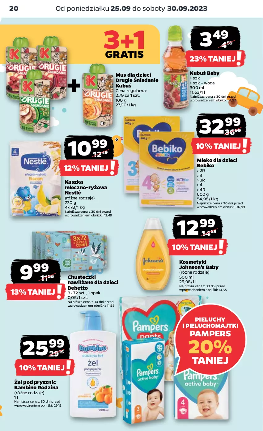 Gazetka promocyjna Netto - Artykuły spożywcze - ważna 25.09 do 01.10.2023 - strona 20 - produkty: Bebiko, Chusteczki, Dzieci, Gra, Kubuś, Majtki, Mleko, Mleko dla dzieci, Mus, Nestlé, Pampers, Pieluchomajtki, Pieluchy, Ryż, Sok, Woda