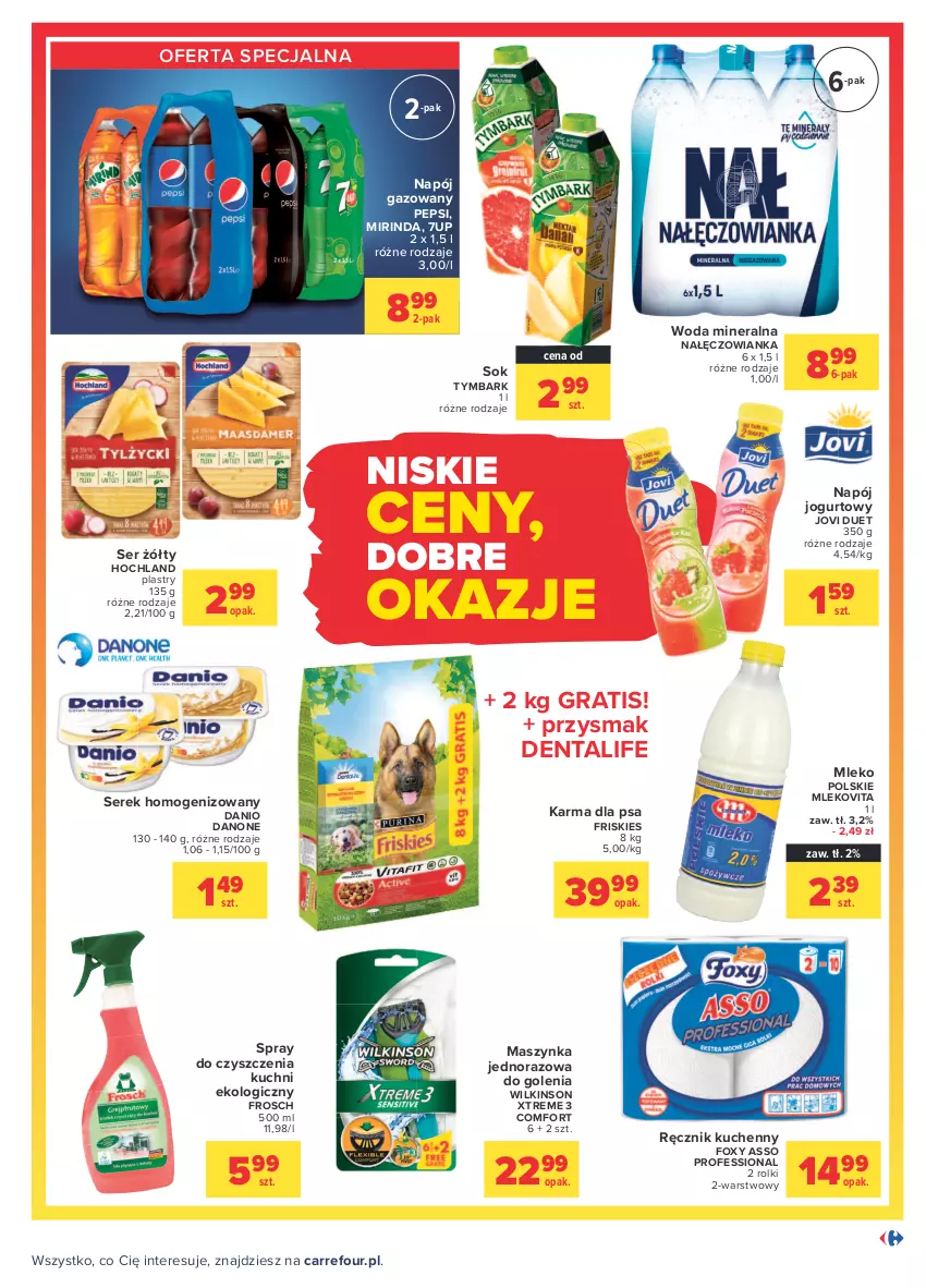 Gazetka promocyjna Carrefour - Gazetka Codzienne okazje, by kupować taniej - ważna 23.08 do 04.09.2021 - strona 5 - produkty: 7up, Danio, Danone, Foxy, Friskies, Frosch, Gra, Hochland, Jogurt, Maszynka, Mirinda, Mleko, Mlekovita, Nałęczowianka, Napój, Napój gazowany, Napój jogurtowy, Pepsi, Ręcznik, Ręcznik kuchenny, Rolki, Ser, Serek, Serek homogenizowany, Sok, Spray do czyszczenia, Szynka, Tymbark, Woda, Woda mineralna