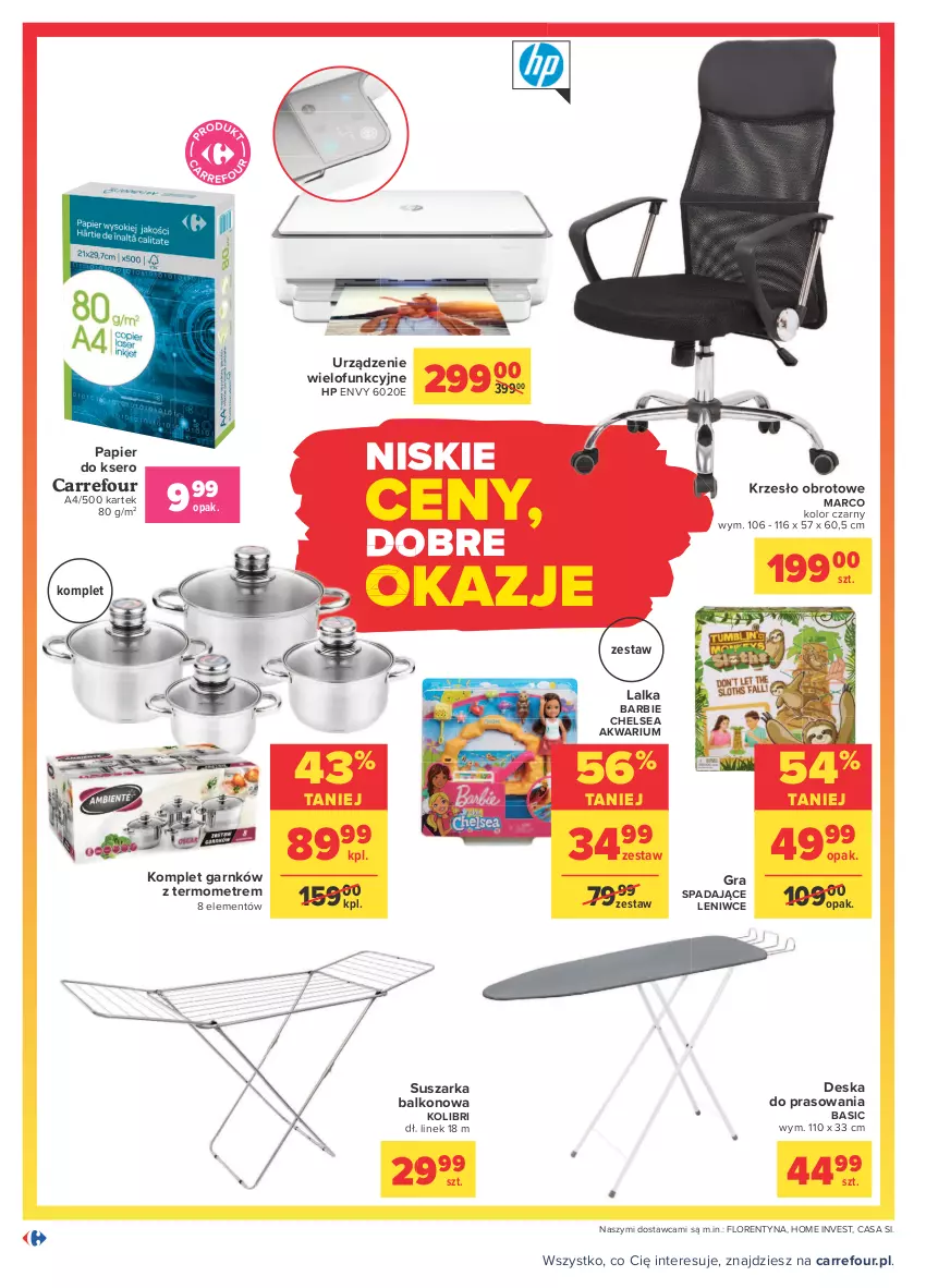 Gazetka promocyjna Carrefour - Gazetka Codzienne okazje, by kupować taniej - ważna 23.08 do 04.09.2021 - strona 6 - produkty: Akwarium, Barbie, Deska do prasowania, Gra, HP, Krzesło, Krzesło obrotowe, Lalka, Papier, Papier do ksero, Ser, Suszarka, Suszarka balkonowa, Termometr, Urządzenie wielofunkcyjne