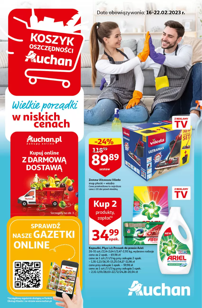Gazetka promocyjna Auchan - Gazetka Wielkie Porządki w niskich cenach Hipermarket Auchan - ważna 16.02 do 22.02.2023 - strona 1 - produkty: Ariel, Mop, Proszek do prania, Rama, Vileda, Wiadro